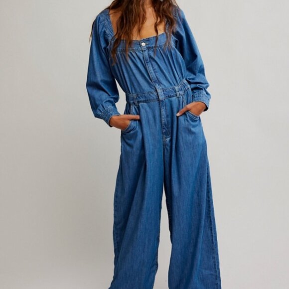 Free People CLARA DENIM JUMPSUIT GOING STEADY Going Steady Size XL - Picture 1 of 5